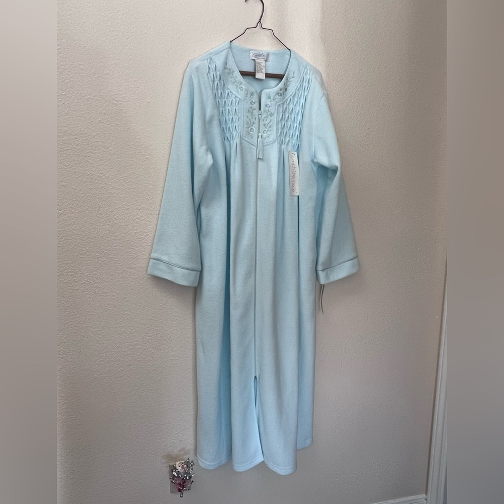 Collette By Miss ElaineXL Blue Fleece Embroidered Bed Housecoat Fleece NEW